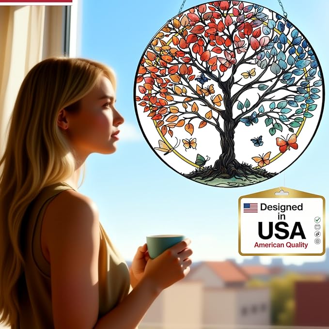 Stained Glass Sun Catcher for Windows Hanging - Handmade Tree of Life Window Decor for Women, Mom, Indoor/Outdoor Suncatchers for Home Garden, Christmas Wedding Housewarming Gift (6.31x6.31In)