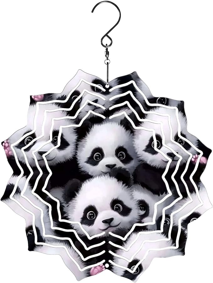 8 Inch Sublimation Wind Spinner, 3D Aluminum Metal Wind Spinner with Hook, Indoor Yard Garden Hanging Decoration, Weather Resistant Rotating Spiral Ornament, Cute Panda Group