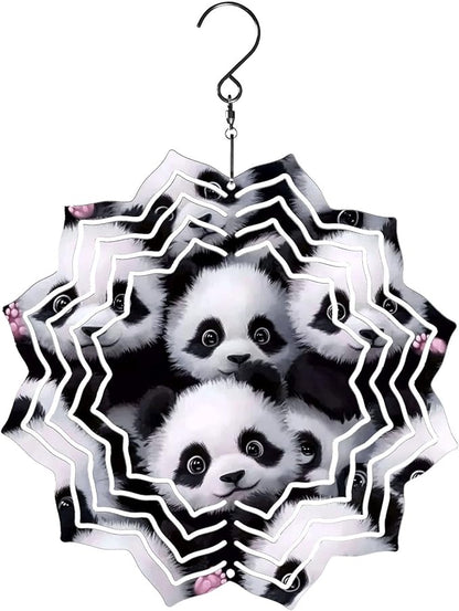 8 Inch Sublimation Wind Spinner, 3D Aluminum Metal Wind Spinner with Hook, Indoor Yard Garden Hanging Decoration, Weather Resistant Rotating Spiral Ornament, Cute Panda Group