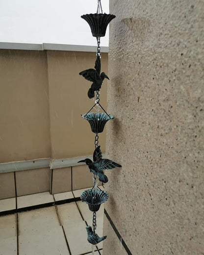 Rain Chain 8.5FT, Hummingbird and Cup Rain Chains for Gutters, Functional Replacement for Downspout, Metal Rainwater Catcher Chain, Outdoor Garden Decor, Antique Blue