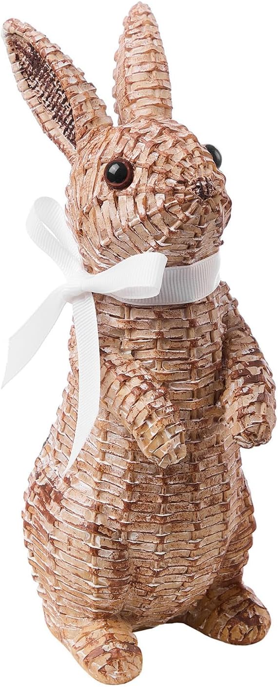 Rattan Rabbit Woven Rabbit Bow Resin Ornaments for Home Courtyard Lawn Tabletop and Easter Decoration to Enhance The Easter Atmosphere Preferred Easter Gifts (8.1in Brown Station)