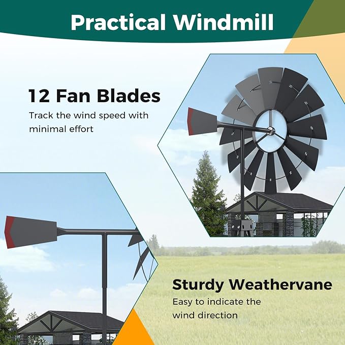 Tangkula 8.3FT Windmill Yard Garden Metal Ornamental Wind Mill Weather Vane Weather Resistant (Grey)
