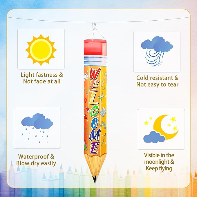 NOVWANG 2 Pcs Back to School Windsocks, Pencil Windsock First Day of School Hanging Flag Welcome Classroom Party Decorations for Office Garden Lawn Outdoor