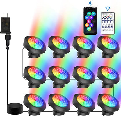 RGB Underwater Pond Lights,Super Bright 18 LED Submersible Fountain Lights, Bluetooth APP Control IP68 Waterproof Color Changing Spotlights for Fish Aquarium Tank Yard Garden Pool(Set of 12)