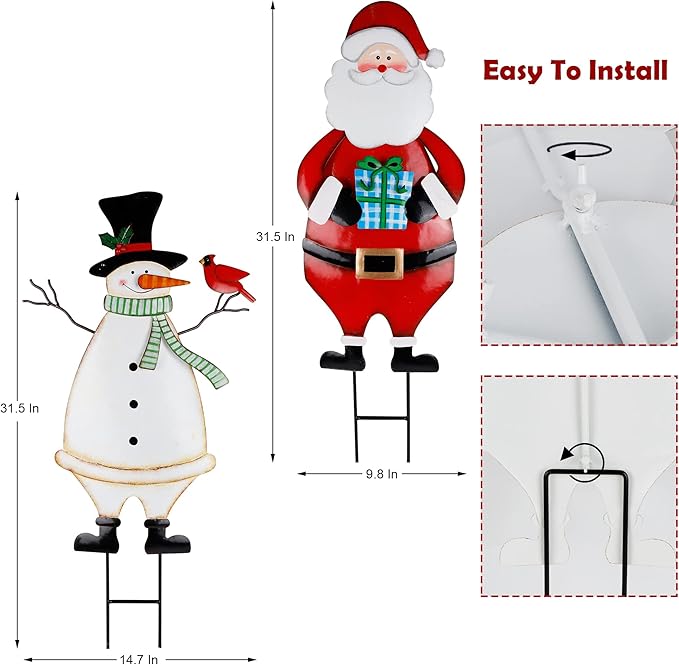 Hausse 2 Pack Christmas Garden Metal Stakes, 31.5 Inch Decorative Snowman and Santa Claus, Xmas Yard Signs for Outdoor Decorations, Holiday New Year Home Decor for Lawn Pathway Patio