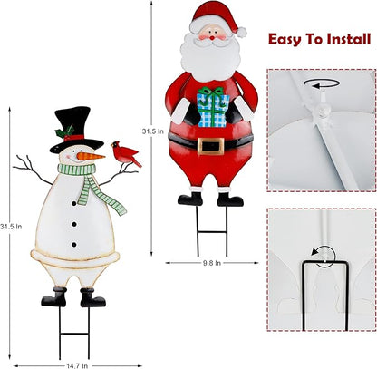 Hausse 2 Pack Christmas Garden Metal Stakes, 31.5 Inch Decorative Snowman and Santa Claus, Xmas Yard Signs for Outdoor Decorations, Holiday New Year Home Decor for Lawn Pathway Patio