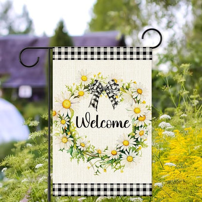 Daisy Wreath Welcome Garden Flags for Outside,Spring Flowers Garden Flag Yard Lawn Porch Flag for Outdoor Decorations 12x18 Inch Double Sided
