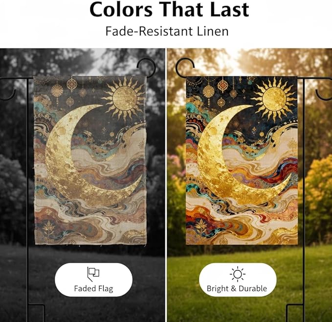 Sun and Moon Garden Flag for Outdoor Decor, Double Sided Seasonal Yard Flag with Golden Celestial Design, 12x18 Inch, Pole Not Included