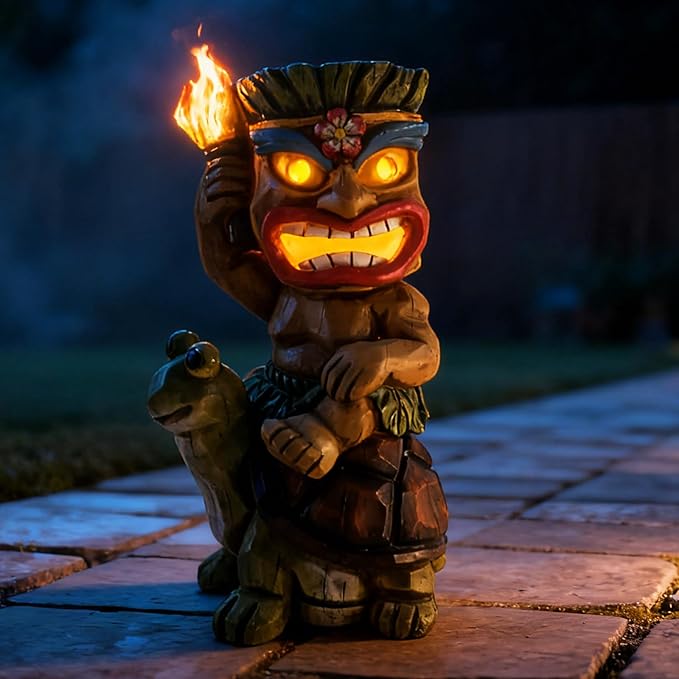 Tiki Outdoor Statue with Turtle Decor - Solar Powered Garden Figurine Tiki Art for Tiki Bar,Backyard,Garden,Yard,Flowerbed,Walkway,Patio,Lawn,Porch Decorations,Gifts
