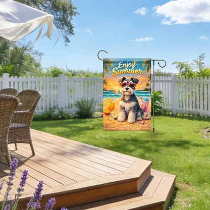 Nuxovilar Summer Garden Flag Enjoy Summer Dog Heart Glasses Sunset Pattern Polyester 12x18 Inches Garden Flags for Outside Seaside Decor Yard Porch
