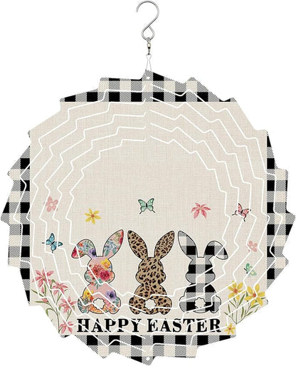 Wind Spinners for Outdoor - 8in, Easter Rabbits Leopard Print Buffalo Plaid 3D Hanging Stainless Steel Wind Sculpture for Patio, Lawn, Garden Yard Balcony Art Decor