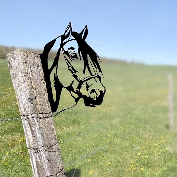 Peeping Metal Horse Wall Art - Garden Fence Decorations for Outdoor, Farmhouse Yard Art, 11.65" x 9.06" Black Horse Silhouette for Tree, Fence, or Barn (Screws Included)