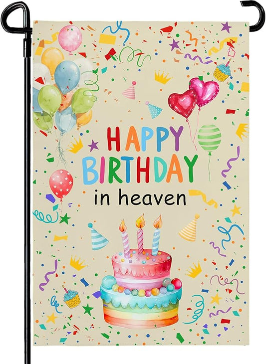 Happy Birthday in Heaven Garden Flag 12x18 Inch Double Sided Colorful Balloon Cake Memorial Yard Banner Outdoor Birthday Remembrance Decoration for Patio Lawn Porch Garden Decor House Flags