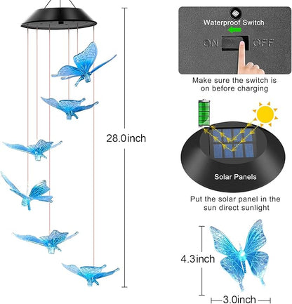 WENANA Blue Butterfly Solar Wind Chimes Color Changing Lights Outdoor, Best Gifts for Mom Grandma Women Wife Aunt Daughter Sister, Unique Mobile Wind Chime, Gardening Yard Decorations