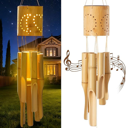 Bamboo Wind Chimes with Solar Accent Light, Outdoor Wooden Wind Chimes 6 Bamboo Tubes, Deep Tone, Hanging Solar Windchimes for Patio Garden Yard Porch Balcony Decor, 35 x 3.5 Inches