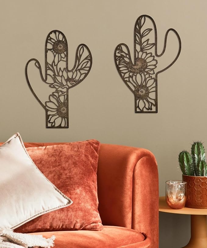 Putuo Decor Metal Cactus Outdoor Decor, Rustic Sunflower Metal Wall Art, Floral Nature-Inspired Metal Wall Art for Living Room, Bedroom, Bathroom, Boho Style, Lawn Decoration, 12.2 x 4.6 inches
