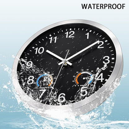Caysie 12 Inch Indoor Outdoor Clocks Waterproof with Thermometer and Hygrometer Combo, Silent Battery Operated Quartz Metal Wall Clock for Patio Pool Bathroom Home (Black)