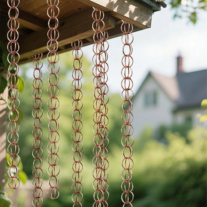 Copper Rain Chain for Gutters Vintage Outdoor Garden Patio Decorations Hanging Chimes Heart Circle Watering Can Metal Rain Chain Rustic Farmhouse Porch Backyard Outside Home Decor