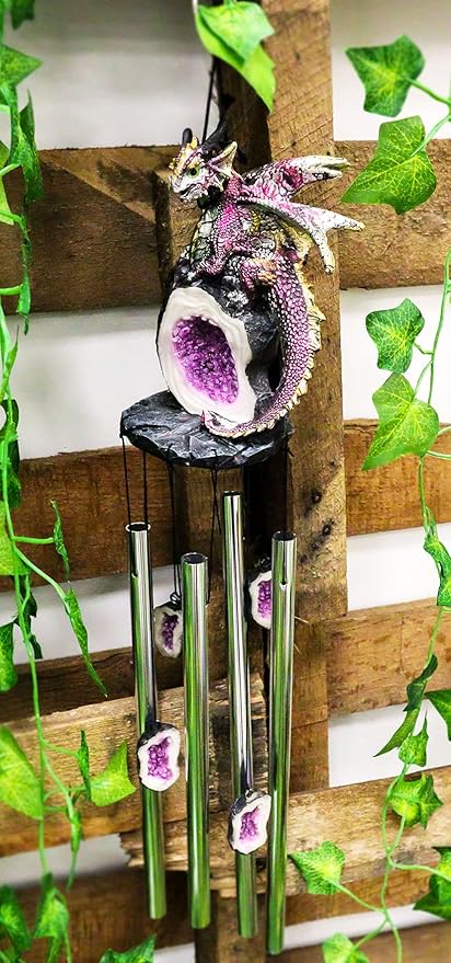 Ebros Gift Medieval Purple Dragon Guarding Topaz Crystal Geode Rock Figurine Crown Top Resonant Wind Chime with Miniature Geode Rocks Ornaments for Garden Patio Home Fantasy Dungeons and Dragons