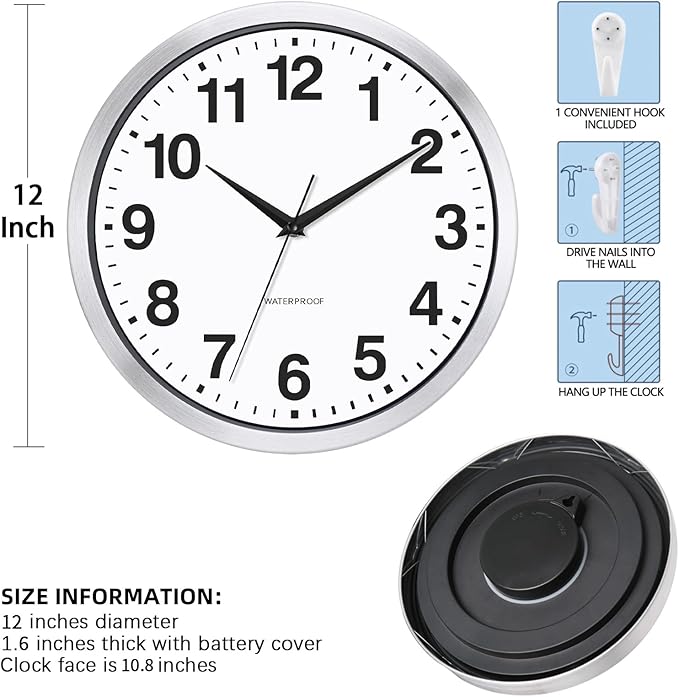 Caysie 12 Inch Sealed Indoor Outdoor Clocks Waterproof, Silent Battery Operated Quartz Metal Wall Clock for Patio Pool Bathroom Home (Silver)