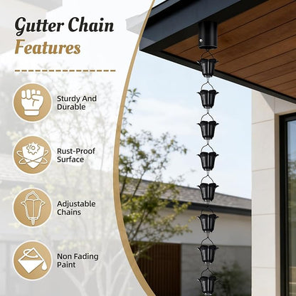 Tfro & Cile Gutter Rain Chain with Adapter Black Downspout Catcher Petunia Outside Water Diverter Decorative Garden Rain Cups Chime Home Decor - 8 1/2 Feet Long