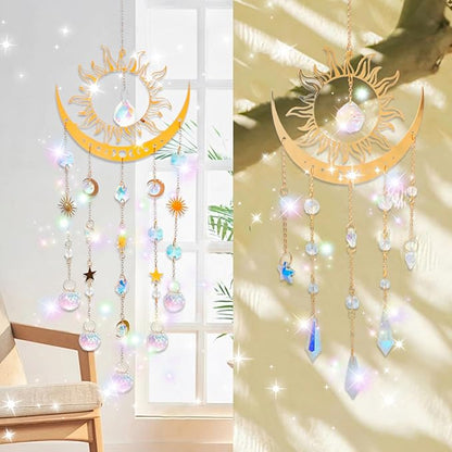 Artilady Suncatcher Crystal Wind Chimes - Large Sun and Moon Sun Catcher for Windows Hanging Prism Crystals Boho Home Garden Backyard Room Ceiling Decor Christmas Birthday Gift for Women