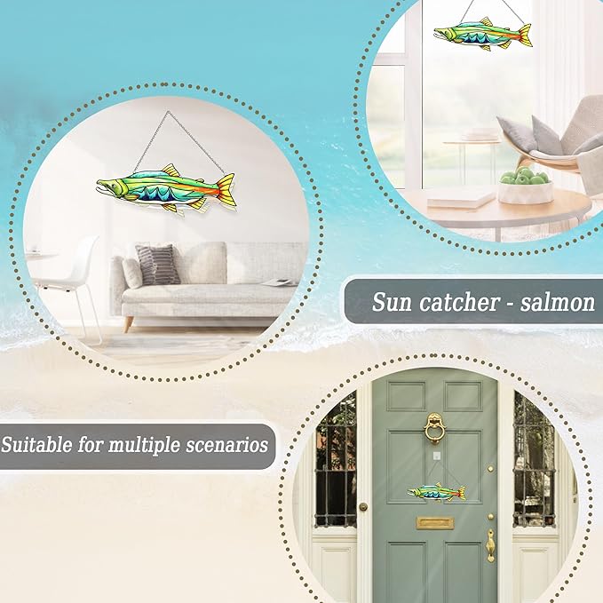 Stained Glass Suncatchers for Windows, Salmon Hanging Sun Catchers Indoor Window, Theme Birthday Gifts for Fishing Lovers