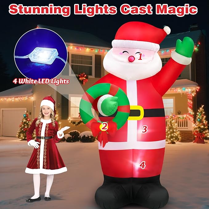 8 FT Huge Christmas Inflatables Santa Claus Holding Garland Outdoor Decorations, Build in LEDs & Tethers Stakes Giant Inflatable Santa Blow Up Yard Décor for Holiday Xmas Indoor Patio Lawn