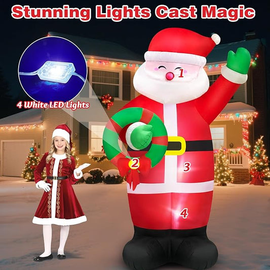 8 FT Huge Christmas Inflatables Santa Claus Holding Garland Outdoor Decorations, Build in LEDs & Tethers Stakes Giant Inflatable Santa Blow Up Yard Décor for Holiday Xmas Indoor Patio Lawn