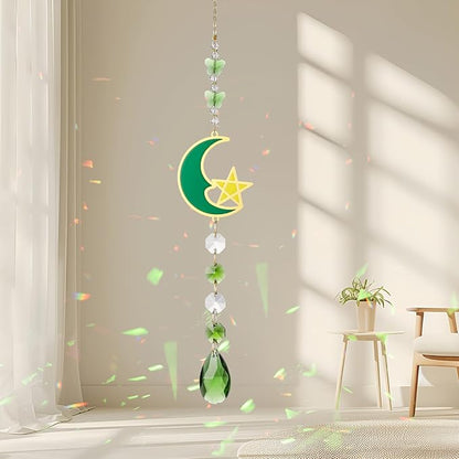 Green Suncatcher, 15.5 Inch Crystal Sun Catcher Windows Hanging, Green Ornament Gift for Spring Home Decor Rainbow Sparkly Pendant