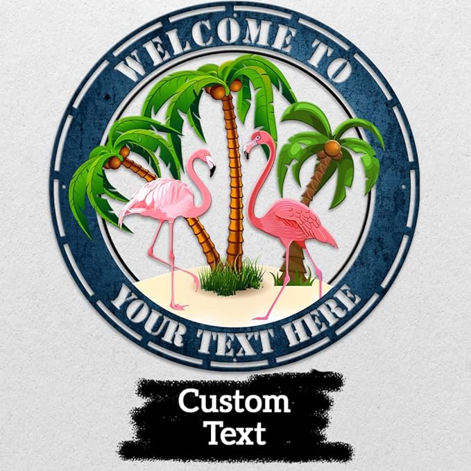 MeMate Flamingo Patio Sign Outdoor Decor, Personalized Metal Sign for Backyard, Custom Name Signs for Garden Porch, Deck, Large Metal Sign for Outside, Housewarming Gifts for Family Friends