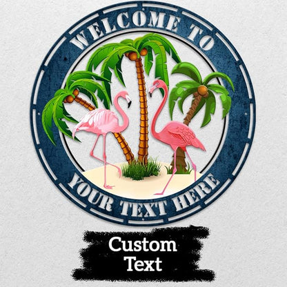 MeMate Flamingo Patio Sign Outdoor Decor, Personalized Metal Sign for Backyard, Custom Name Signs for Garden Porch, Deck, Large Metal Sign for Outside, Housewarming Gifts for Family Friends