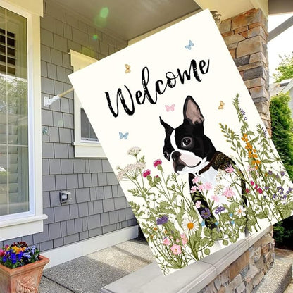 Floral Boston Terrier Garden Flag 28 x 40 Double Sided Multicolored Flower Dog Yard Flag for Outdoor Welcome