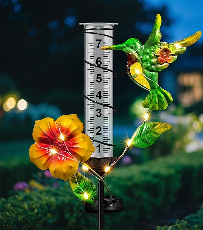 Rain Gauge Outdoor - Hummingbird Decorative Rain Gauges with LED Solar Lights, Freeze Proof Height Adjustable, Metal Water Gauge for for Yard Garden Decor