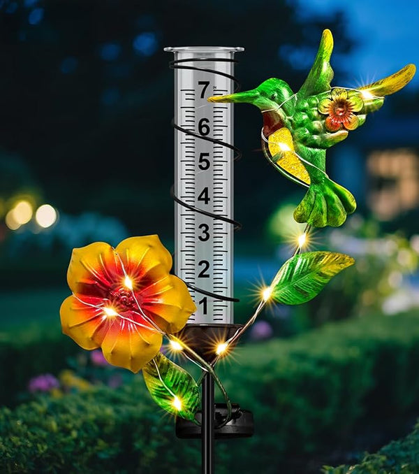 Rain Gauge Outdoor - Hummingbird Decorative Rain Gauges with LED Solar Lights, Freeze Proof Height Adjustable, Metal Water Gauge for for Yard Garden Decor