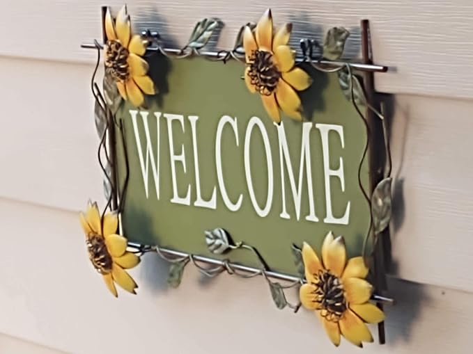Sunflower Welcome Sign Metal Hanging Welcome Plaque for Wall Front Door - Decorative Flower Yard Signs Spring Wreath Decor for Garden Porch Patio Backyard (B)
