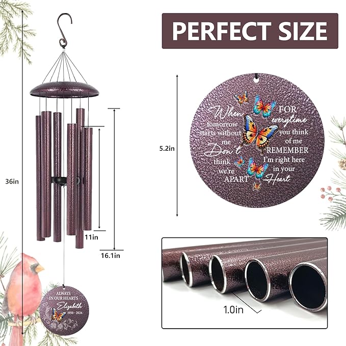 ASTARIN Personalized Memorial Wind Chime for Loss of Loved One 30/36/45 inch, Sympathy Deep Tone Wind Chimes for Mom Dad/Mother Father, Remembrance Gifts for Grief Condolence Funeral, Produced in USA