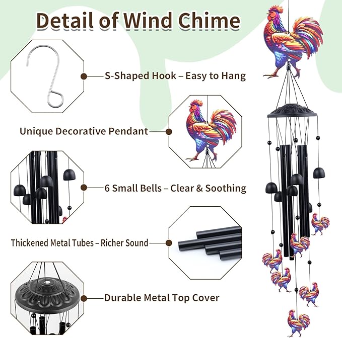 Chicken Wind Chimes for Outside, Metal Rooster Wind Chime, Funny Gift for Chicken Lovers, Garden Patio Yard Decor