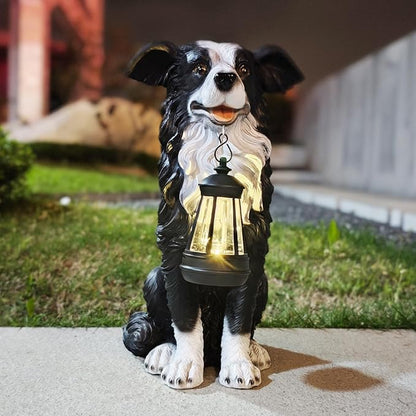COWOS Solar Border Collie Dog Statue with Lantern, Resin Outdoor Garden Decor, Solar Powered LED Dog Sculpture for Patio Porch Yard