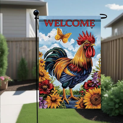 Spring Summer Garden Flag 12x18 Inch Colorful Rooster Welcome Floral Farm Animal Design Outdoor Yard Porch Lawn Garden for Seasonal Farmhouse Country Home Decor