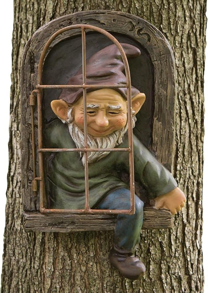 Bits and Pieces Elf Out The Window Yard Decorations Outdoor Tree Faces, 12 Inch Tree Hugger Whimsical Yard Decor, Elf, Fairy, Gnome Garden Decorations, Fun Garden Art