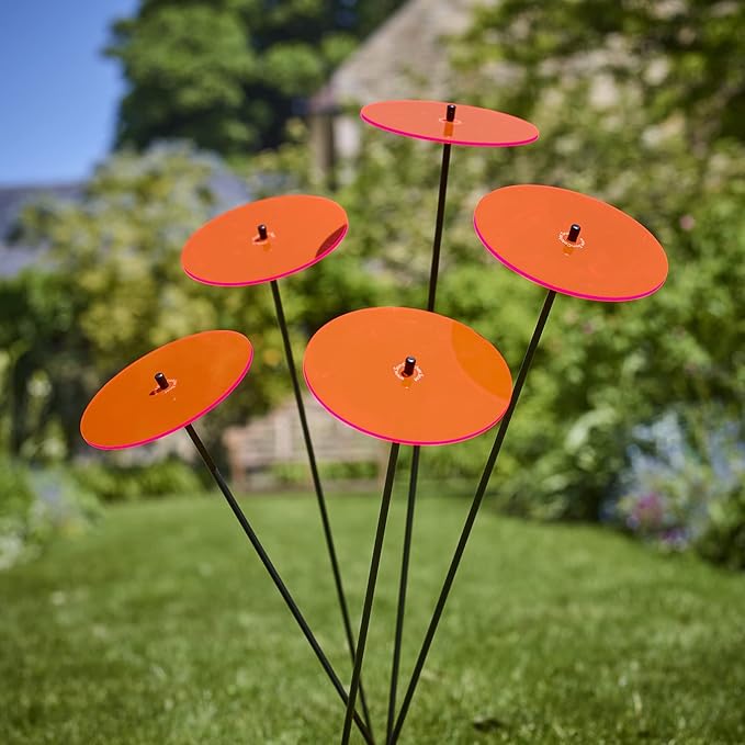 Sun Discs Set of 5 Sun Catcher Garden Decor Large Glowing Ornamental Garden Stakes 75cm, 29.5 inch high Outdoor Yard Gift for Gardeners, Colour:Fluorescent Red