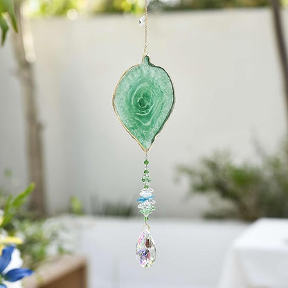 Hanging Crystal Suncatcher, Sun Catchers Indoor Window, Leaf-Shaped Crystal Hanging Ornament, Hanging Crystals for Decoration, Birthday Gift (Green)