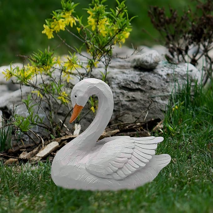 White Swan Statue Garden Ornament - Resin Figurine Sculpture for Yard Decoration, 7.3" Height - Elegant Swan Design for Landscaping Art & Crafts.