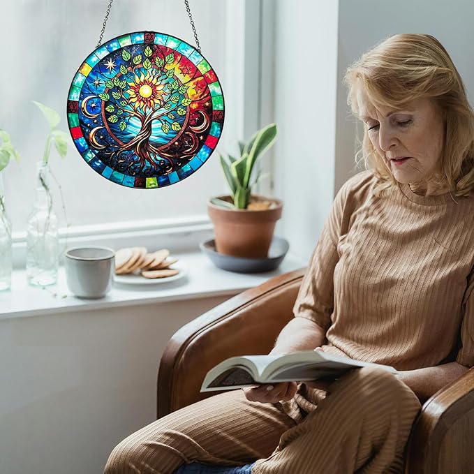 Tree of Life Stained Glass Window Hanging, 7.8" Hand-Painted Sun Catcher Glass Panel Wall Art Decor with Chain, Tree of Life Gifts for Women Mom Grandma, Outdoor Indoor Art Decor for Home Garden