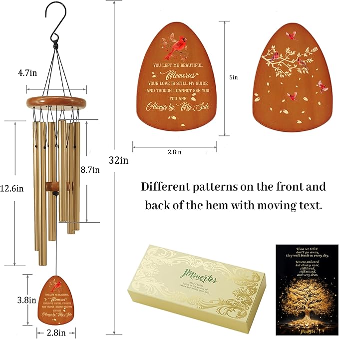 Cardinal Wind Chimes for Loss of Loved One 32",Memorial Wind Chimes in Memory of a Loved One, Cardinal Memorial Gift, Sympathy Bereavement Condolence Gift,Wooden,Golden