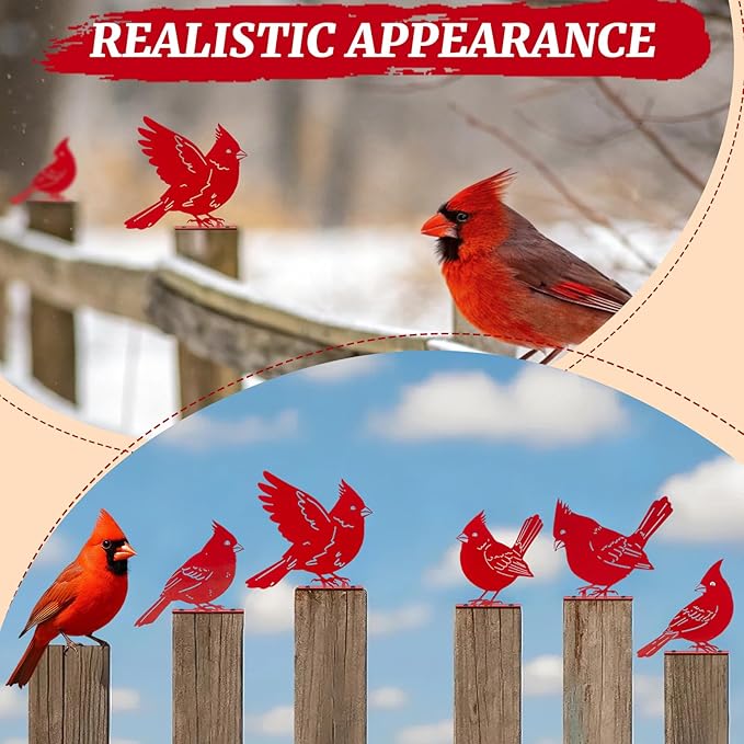 Leinuosen 5 Pcs Red Cardinal Birds Silhouettes Decoration, Garden Spring Decor Outdoor, Metal Bird Craft Statue Set, Yard Art Ornaments for Garden Patio, Cardinal Silhouette, Housewarming Gift