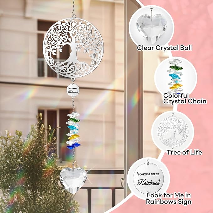 Memorial Crystals Suncatcher - Memorial Sympathy Gifts for Loss of Loved One - Unique Rainbow Maker in Memory of Mom Dad Dog, Ideal Grief Bereavement Miscarriage Gift (Tree of Life-Colorful)
