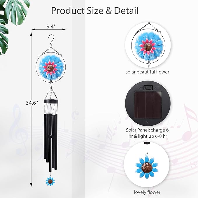MUMTOP Solar Wind Chimes for Outside - Flower Deep Tone Wind Chimes Outdoor Unique, 41 Inch Windchimes Clearance for Garden, Patio,Yard Decor Gift