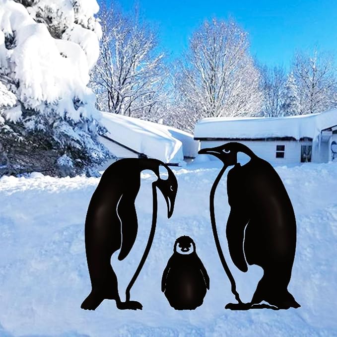 Penguin Family Stake Statue, Metal Animal Stake Decoration, Vivid Hollow Iron Garden Figurine with Hand Painted Finish for Lawn Yard Flower Bed Outdoor Use
